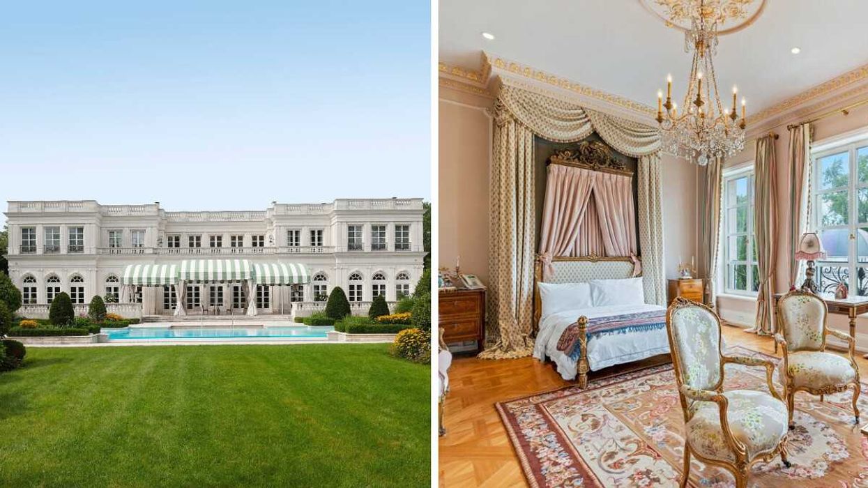 Facade of a French revival style mansion. Right: lavish bedroom inside the home.