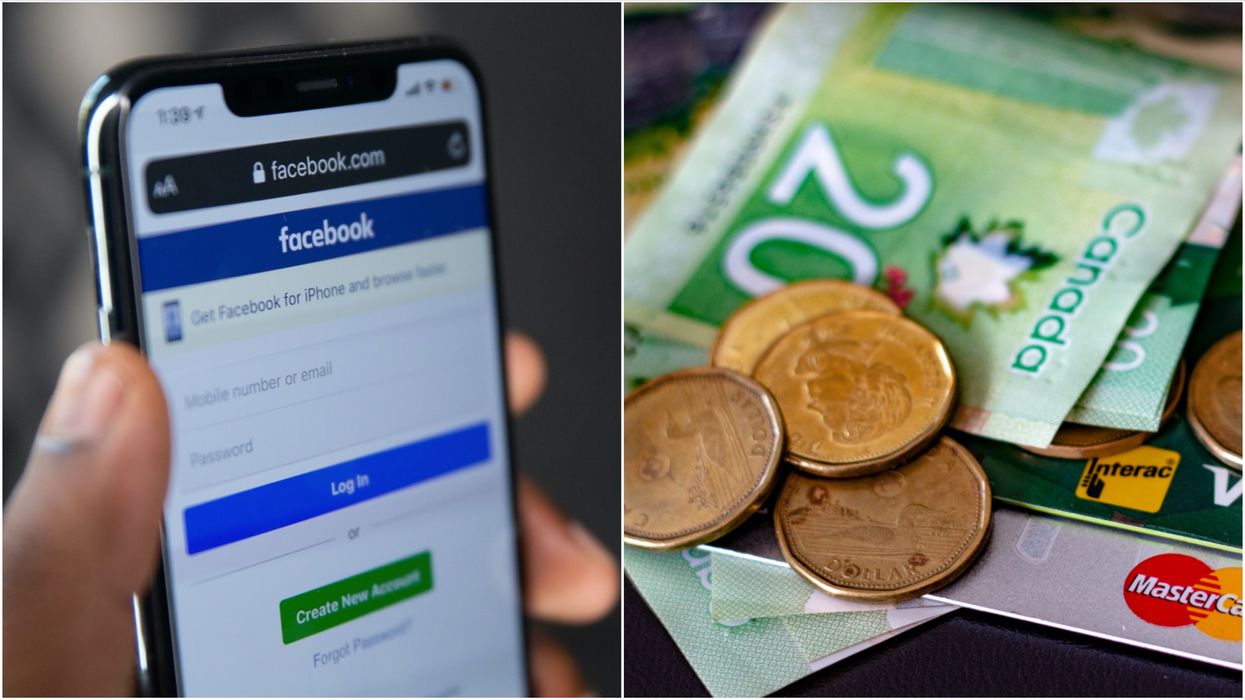 Facebook Log In page. Right: Canadian money.
