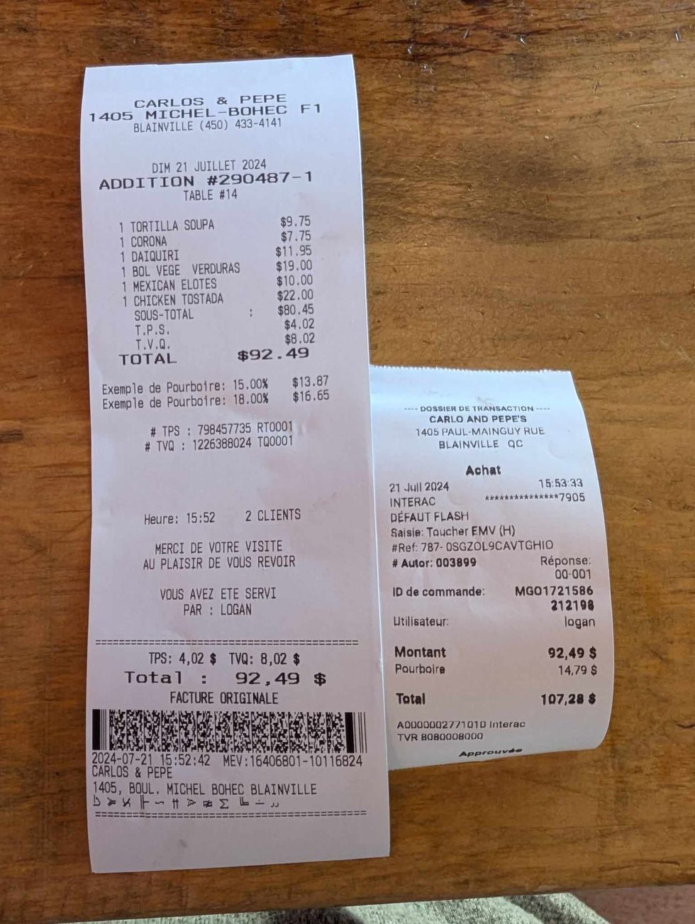 Facture d'un repas au Carlos & Pepe.