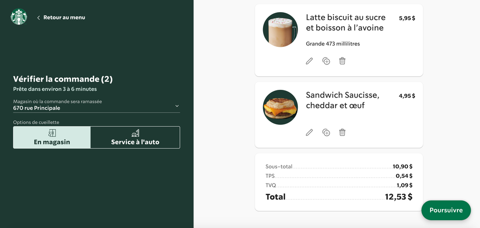 Facture d'une commande au Starbucks.