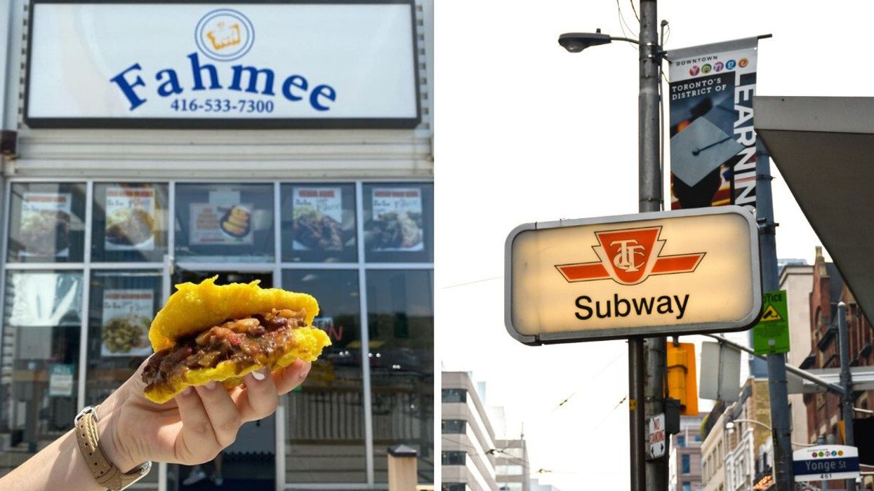 Fahmee bakery sign with a person holding a beef Jamaican patty outside. Right: A TTC subway sign in downtown Toronto with a banner in the background