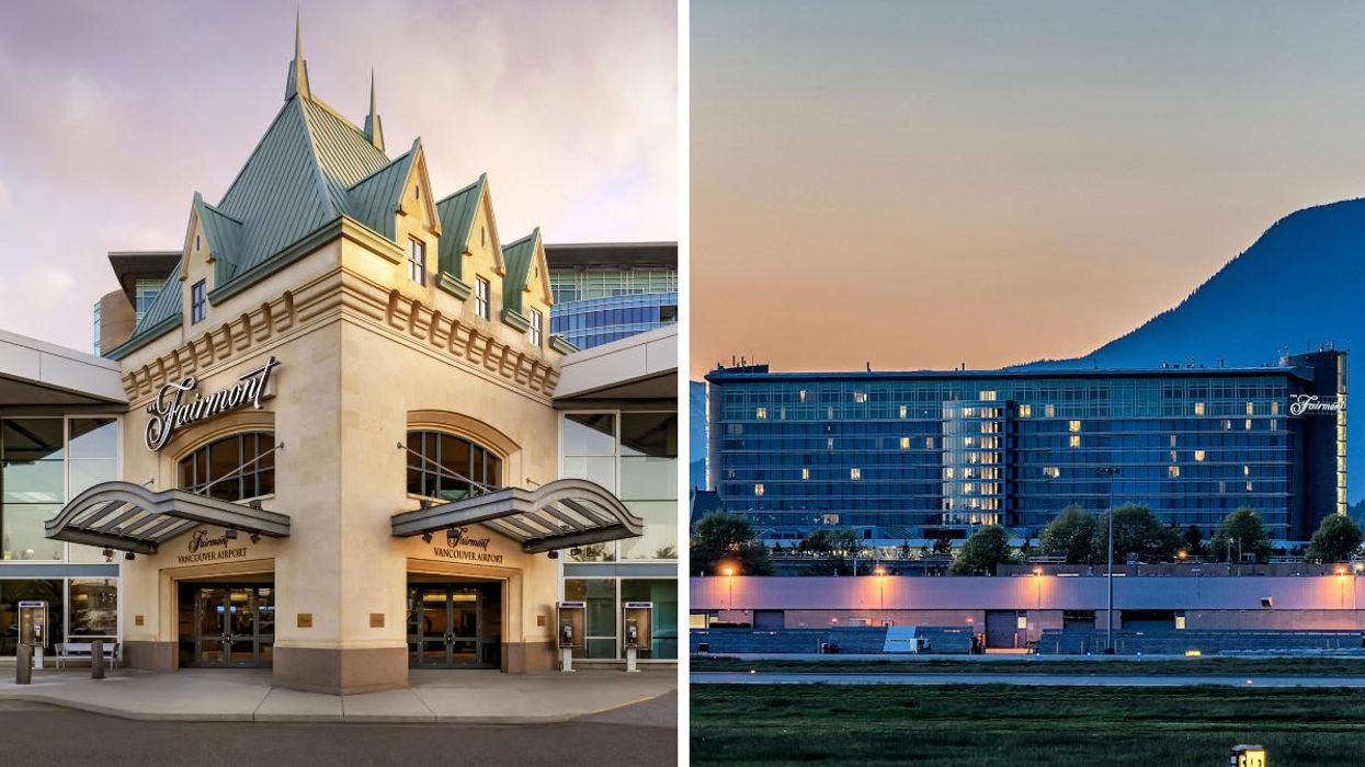 Fairmont Vancouver Airport front entrance. Right: Fairmont Vancouver Airport at sunset.