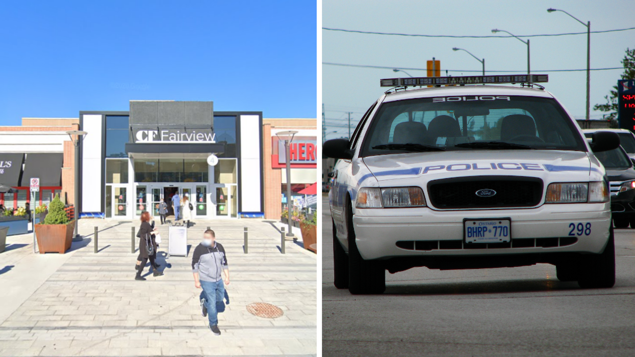 Fairview Mall Plaza. Right: Ontario police car.