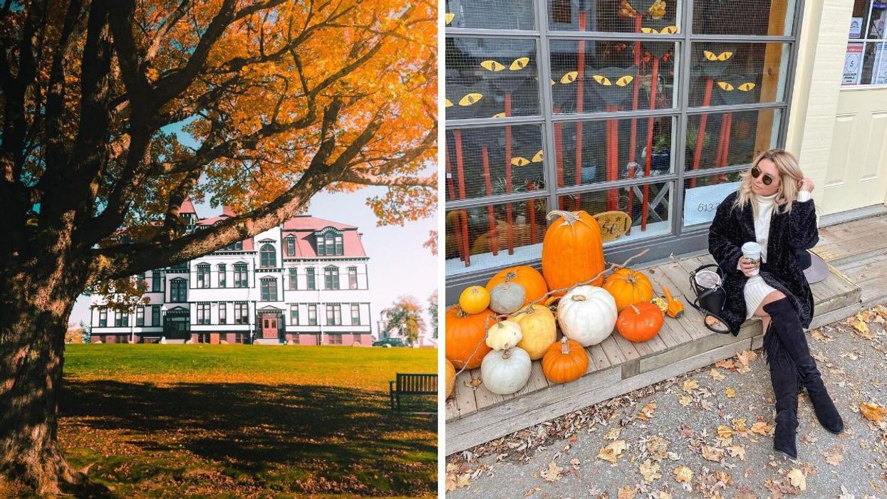 Fall foliage in Lunenburg, Nova Scotia. Right: A person sits by pumpkins in Merrickville, Ontario.