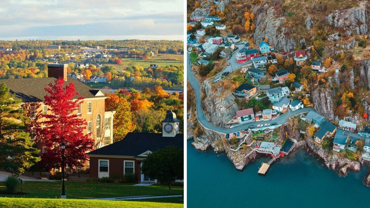 Fall in Fredericton, New Brunswick. Right: Aerial view of St. John's, Newfoundland.