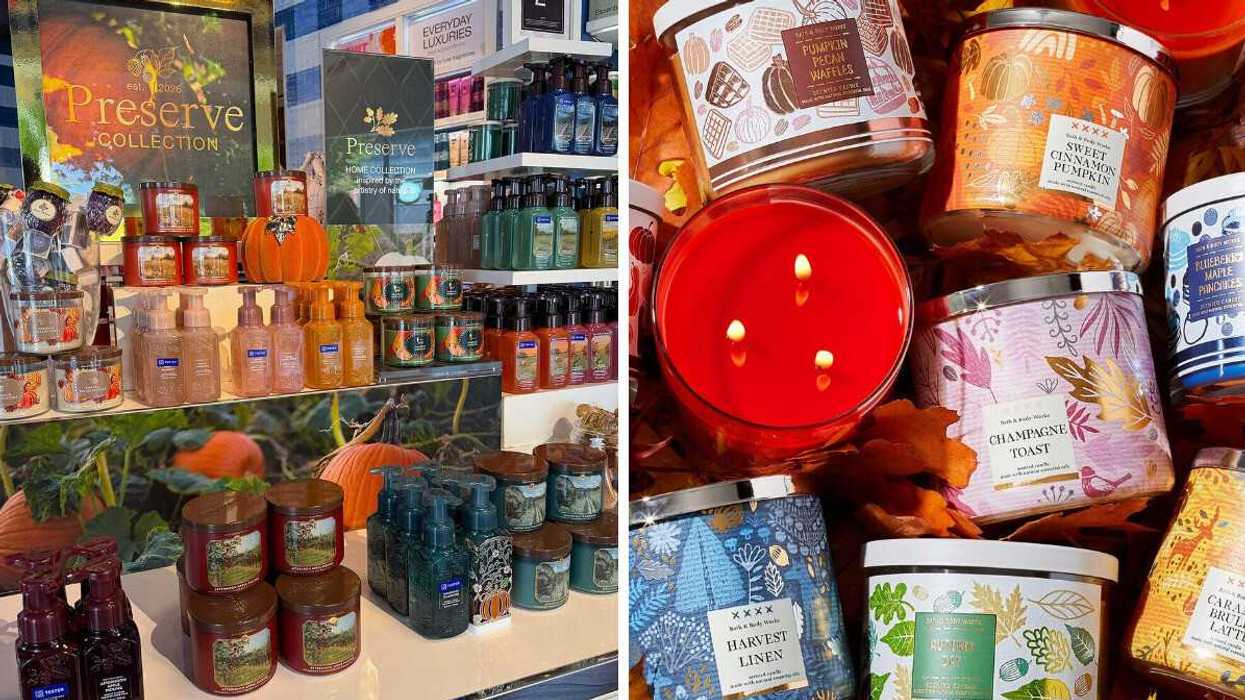 fall products on display at bath and body works store. right: bath and body works three wick candles