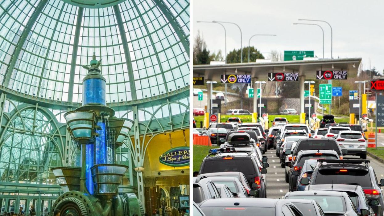 Fallsview Mall. Right: Cars line up at the Canada-U.S. border.