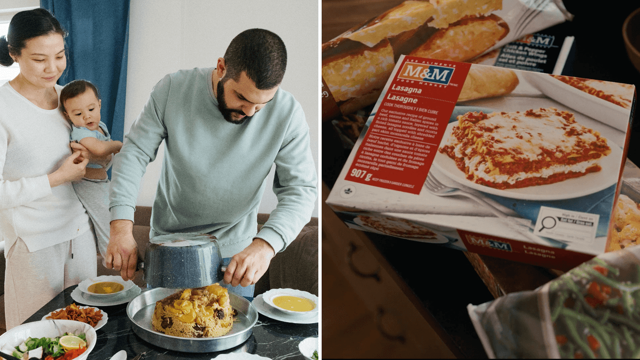 Family cooking dinner., Right: M & M Food Market Lasagna