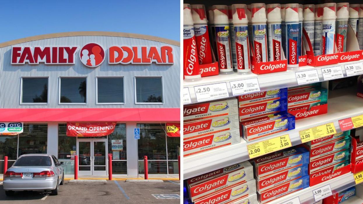 Family Dollar store exterior. Right: Colgate toothpaste on the shelves.