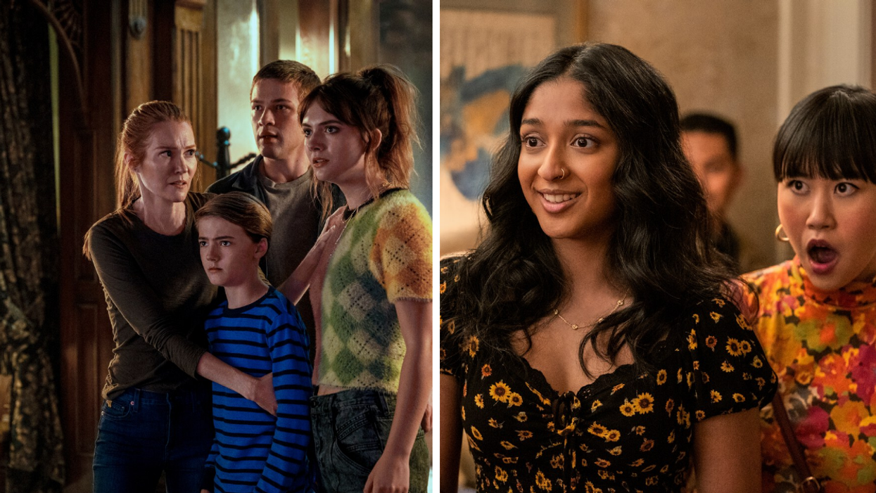 Family from 'Locke and Key' looking afraid. Right: Maitreyi Ramakrishnan from 'Never Have I Ever' season 3.
