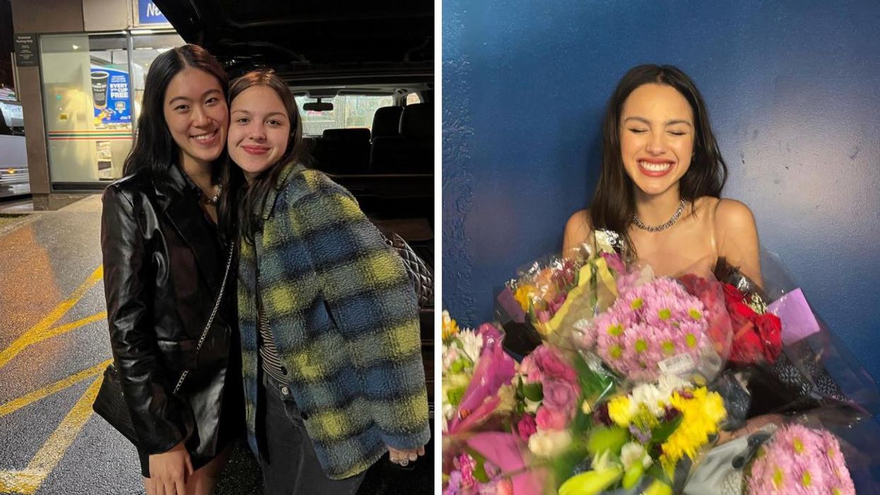 Fan and Olivia Rodrigo in a parking lot. Right: Olivia Rodrigo holding flowers.