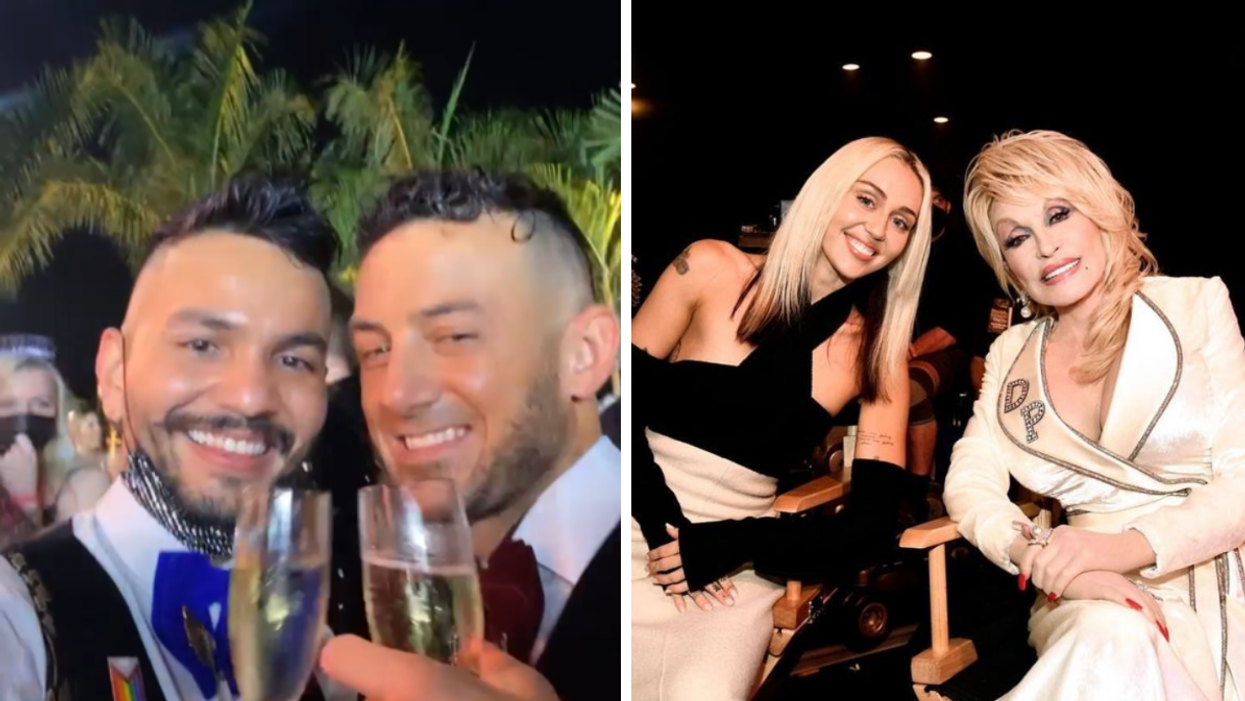 Fans at Miley Cyrus' 2022 NYE Show. Right: Miley Cyrus and Dolly Parton.