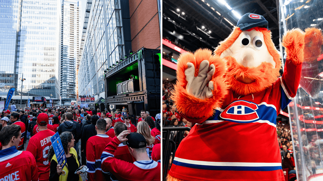 Fans du Canadien rassemblés au centre-ville. Droite: Mascotte Youppi! lors d’un match du Canadien.