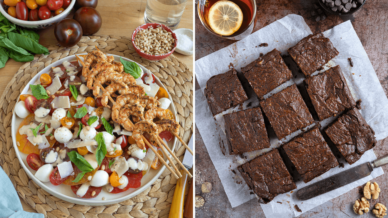Farm Boy Caprese Caesar Tomato Salad with Shrimp., Right: Flourless Sweet Potato Brownies