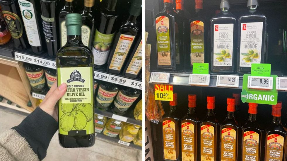 Farm Boy extra virgin olive oil. Right: 1 litre extra virgin olive oil at Loblaws.