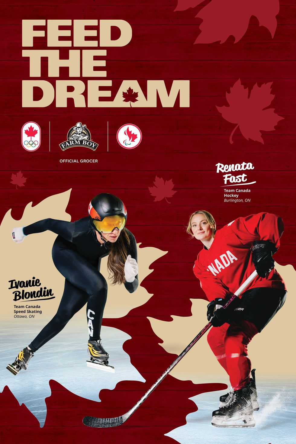 Farm Boy Feed The Dream Grant poster featuring Olympians Ivanie Blondin and Renata Fast.