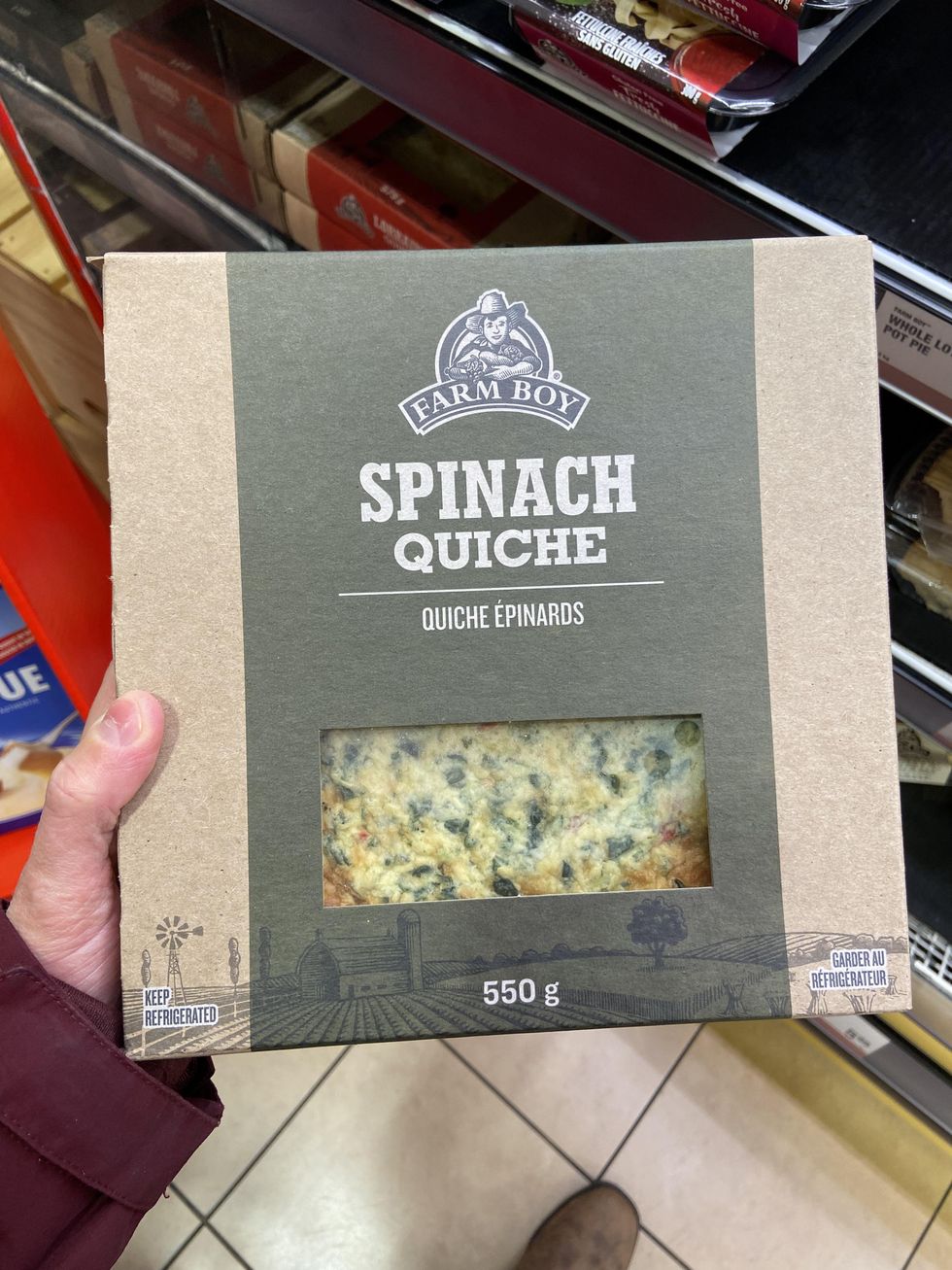 Farm Boy Spinach Quiche in a box.