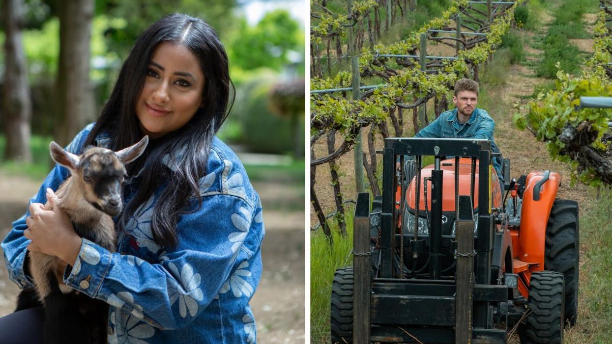 Farmer Gurleen holding a baby goat. Right: Farmer Charley on an orange tractor.