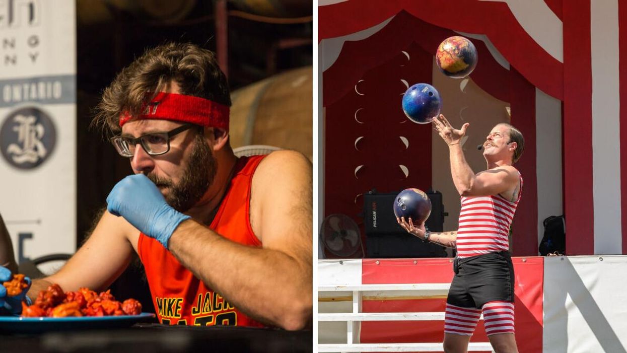 Fastest time to eat 50 Carolina Reaper chilli peppers. Right: Most bowling balls juggled.
