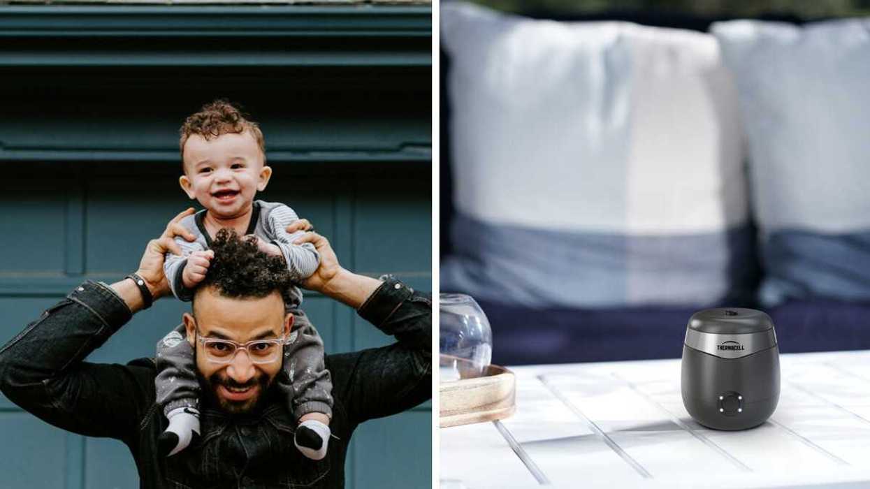 Father carrying a smiling baby on his shoulders in front of a house. Right: Thermacell mosquito repellent device placed on a patio table beside outdoor seating.