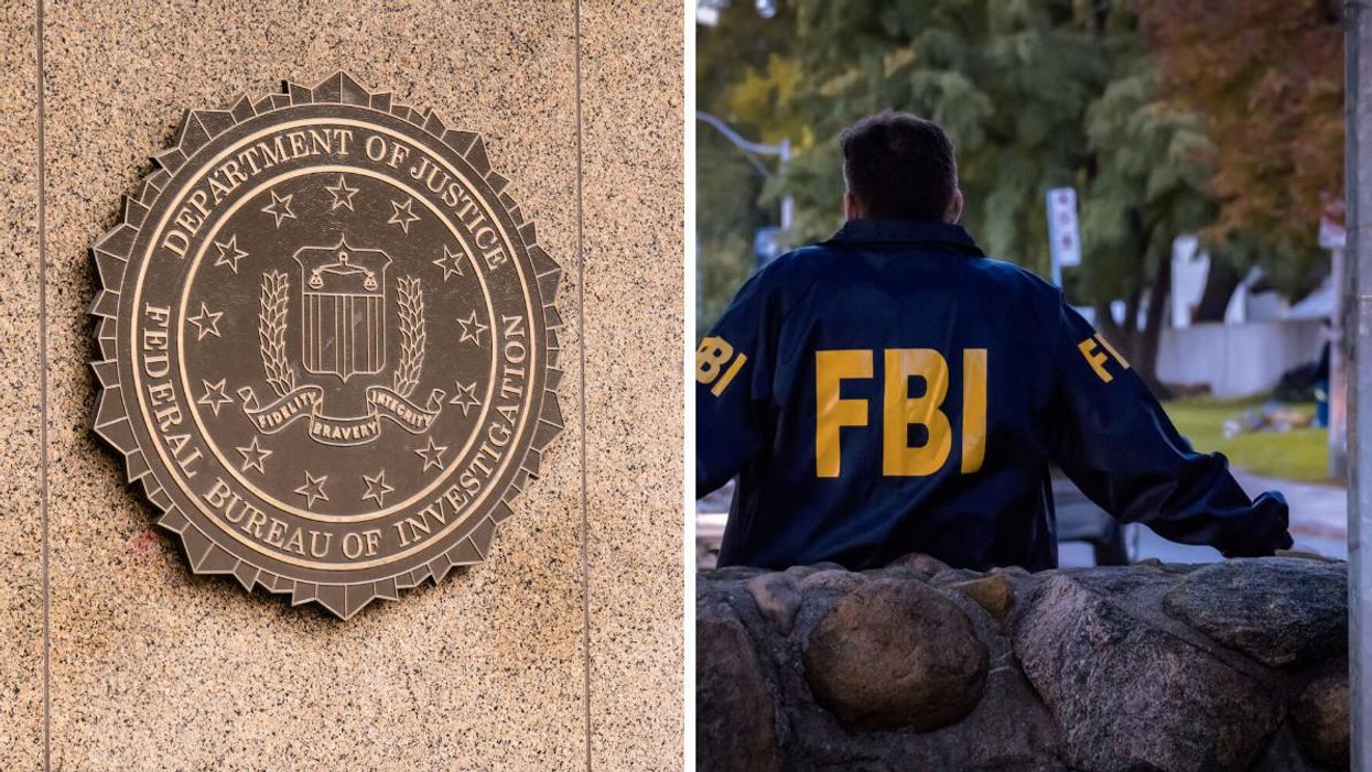 FBI seal on the front of the FBI building. Right: An FBI employee wearing an FBI jacket.
