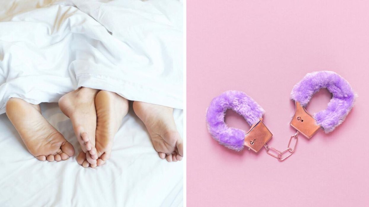 Feet in bed. Right: Fuzzy handcuffs.