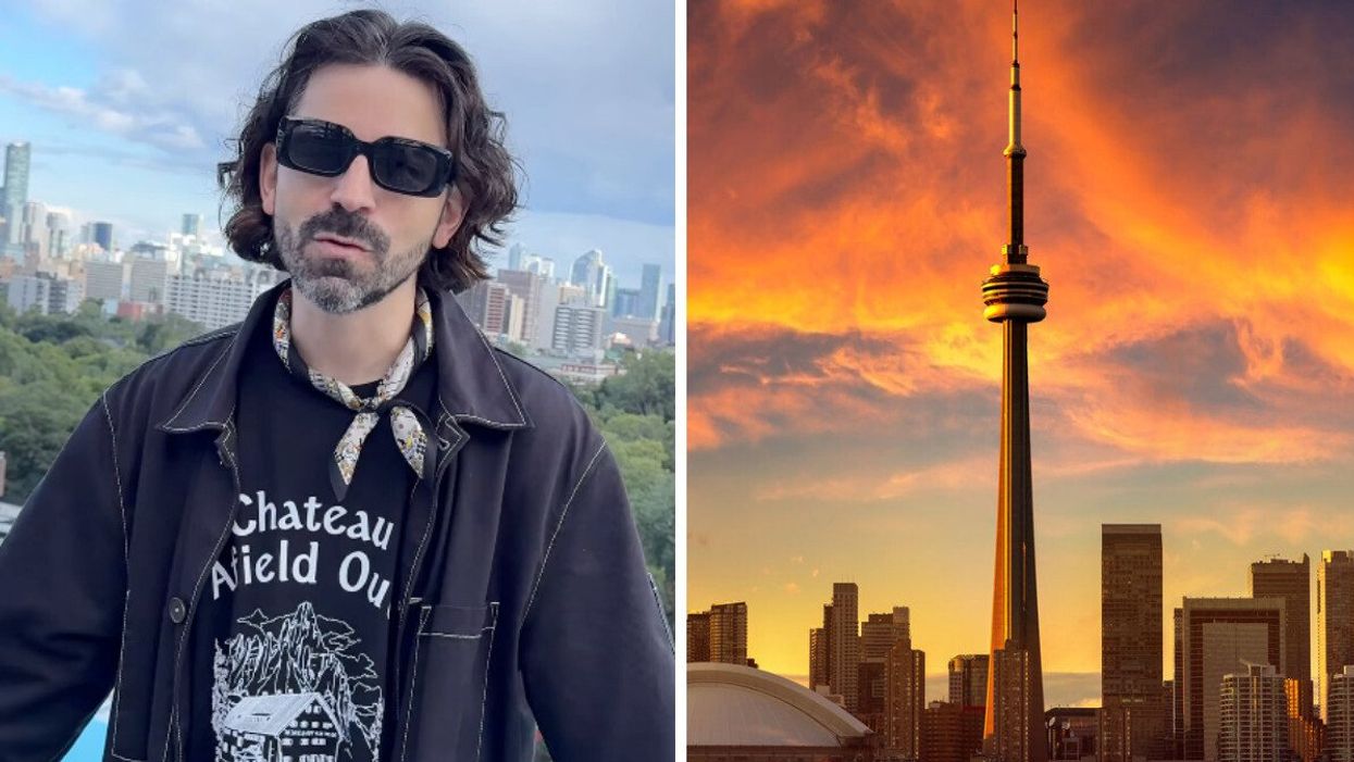 Felix Cartal in front of the Toronto skyline. Right: The CN Tower at sunset.