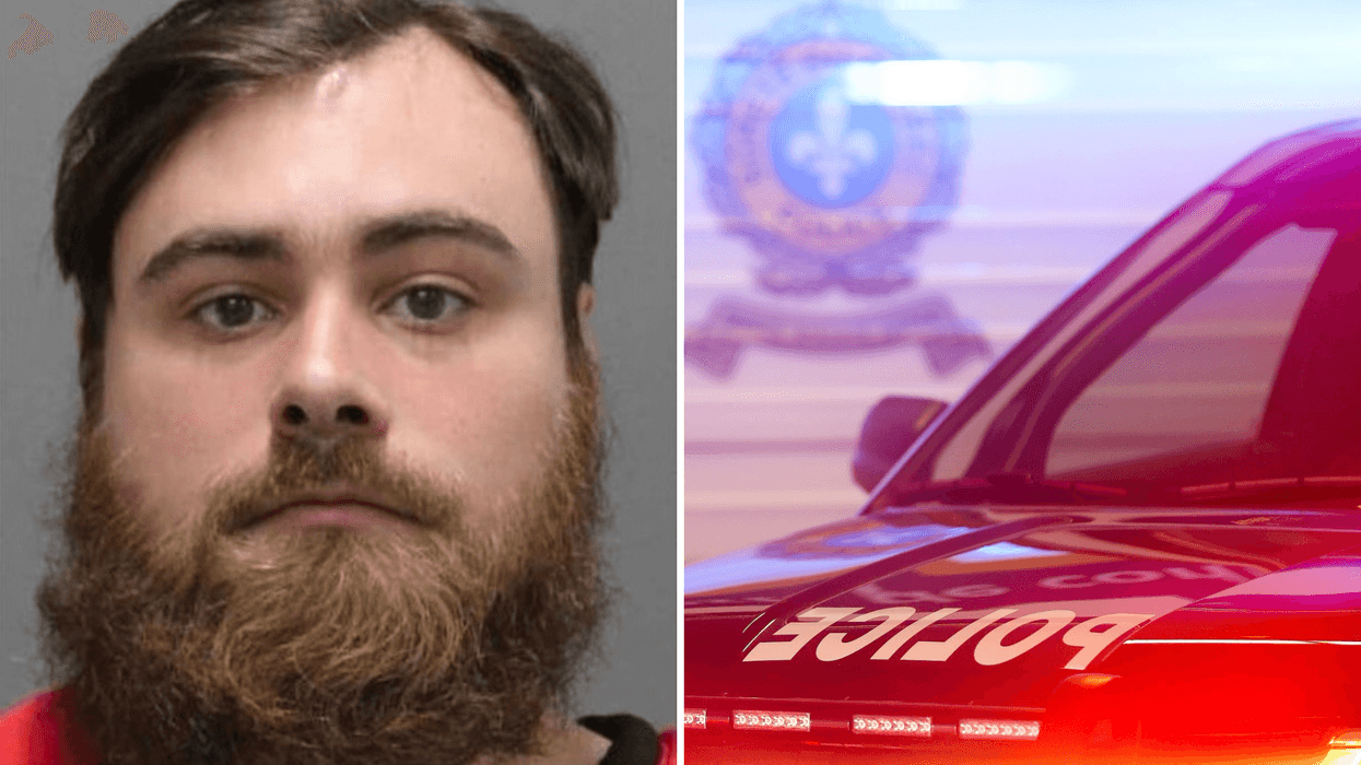 Félix Paré, 26 ans, recherché par la Sûreté du Québec. Droite : Une voiture de la Sûreté du Québec.