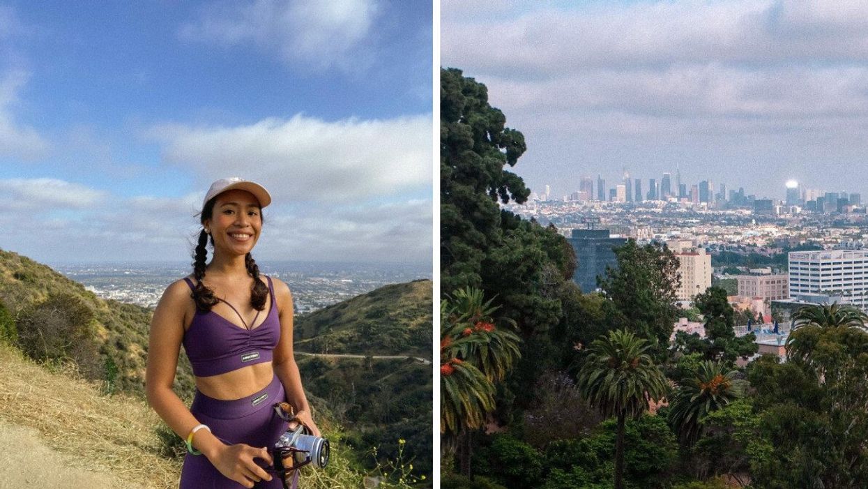 Female hiker in Runyon Canyon wearing purple activewear and a hat. Right: Views of tress and downtown Los Angeles from Runyon Canyon
