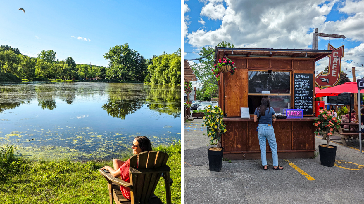 Femme assise près d'un lac entouré de verdure à Terrebonne. Droite: Personne commandant un café dans un kiosque extérieur à Terrebonne.