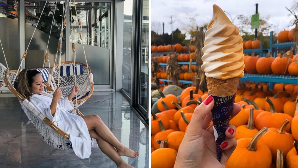 Femme au Bota Bota. Droite : Crème glacée « pumpkin spice ».