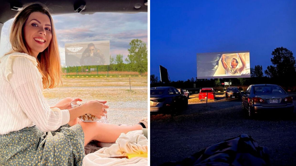 Femme au ciné-parc. Droite : Écran au ciné-parc.