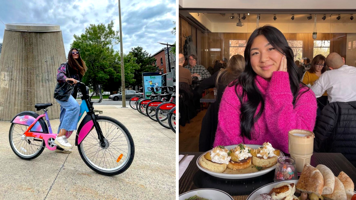 Femme avec bixi. Droite : Femme au brunch Barley.