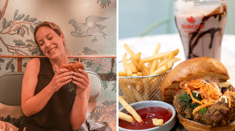 Femme avec burger. Droite : Burger, milkshake, frites et ketchup.