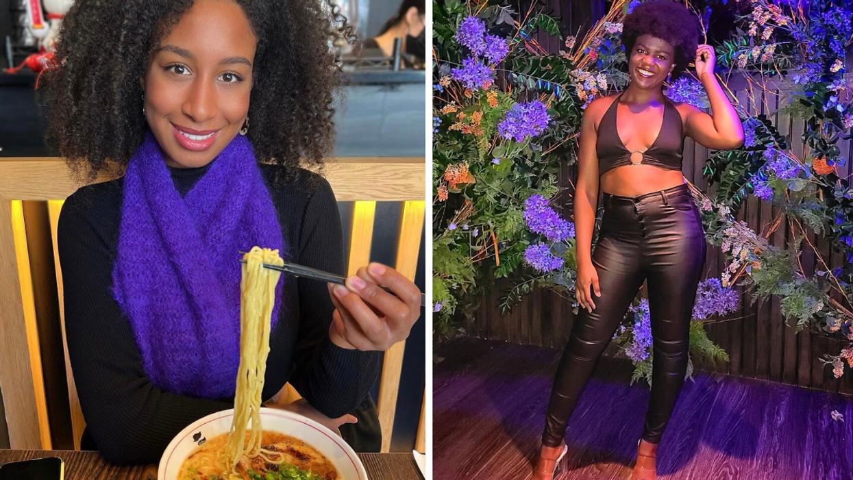 Femme avec plat de ramen. Droite: Femme au bar le Sousbois. 