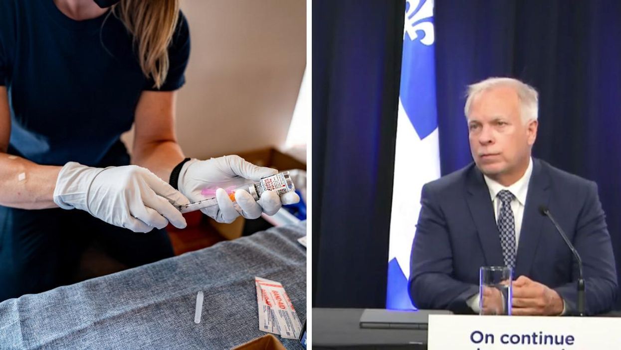 Femme avec une fiole du vaccin Moderna contre la COVID-19. Droite : Dr Luc Boileau.