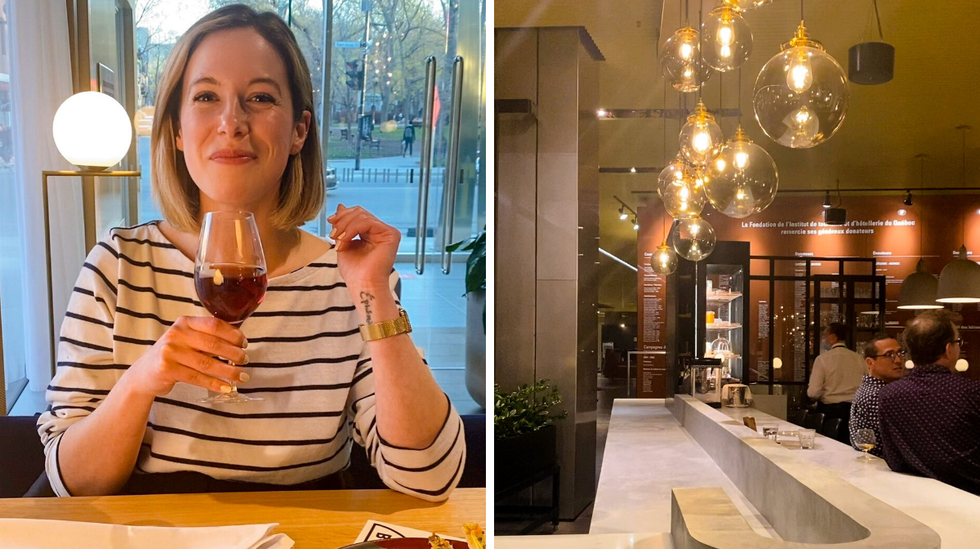 Femme avec verre de vin. Droite : Blanc Bec.