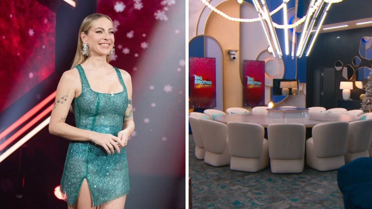 Femme blonde portant une robe verte paillettes. Droite : Salle à manger avec 14 chaises blanche.