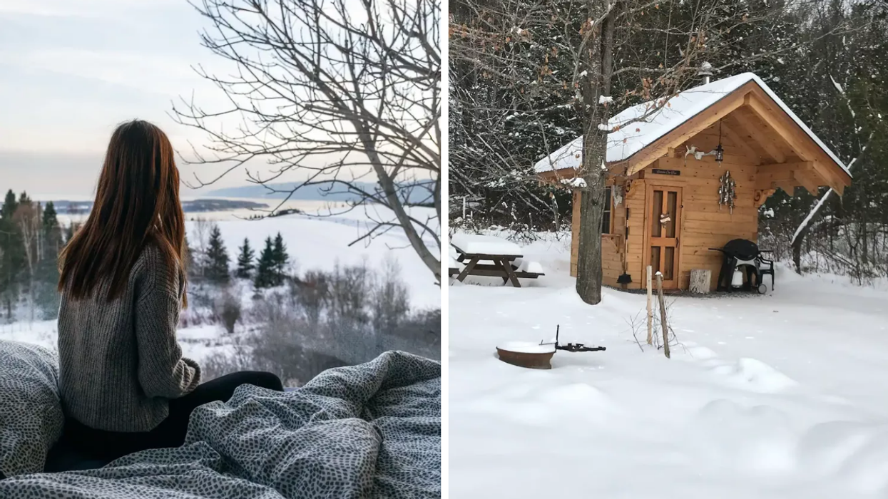Femme dans une micro-maison. Droite: Cabane dans la forêt.