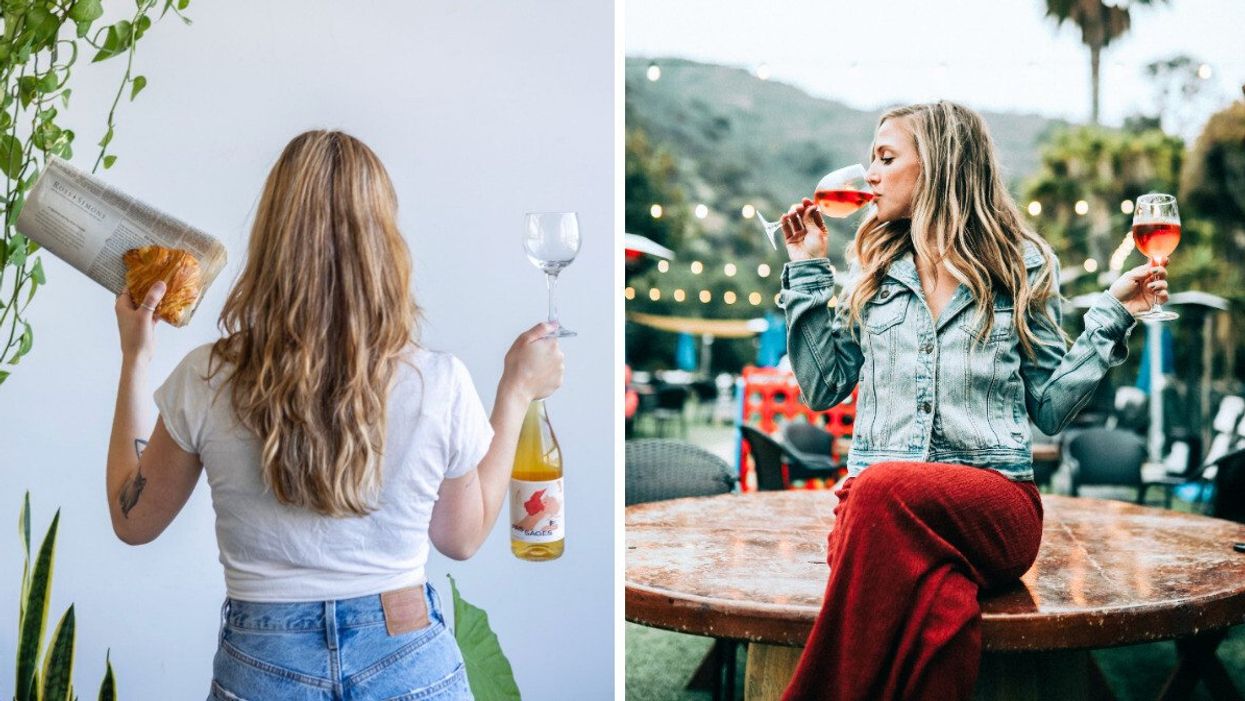 Femme de dos qui tient la bouteille Pas Sages. Droite : Femme buvant du vin.