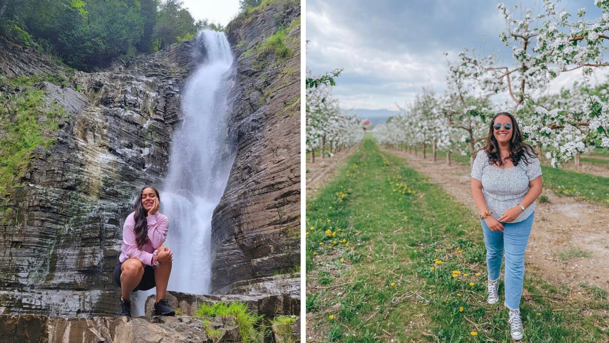 Femme devant la chute Jean-Larose. Droite: Femme dans un verger.