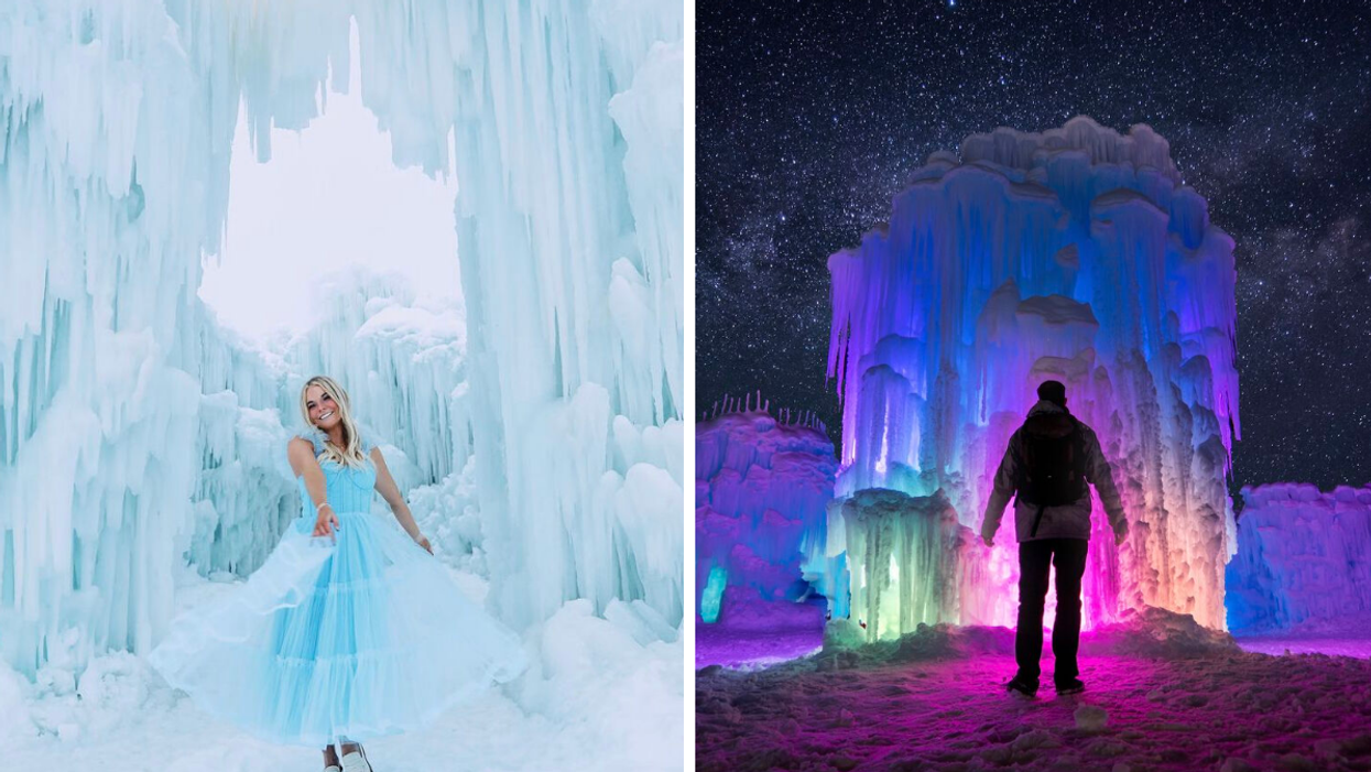 Femme devant le Ice Castle. Droite : Ice Castle illuminé par des LED.