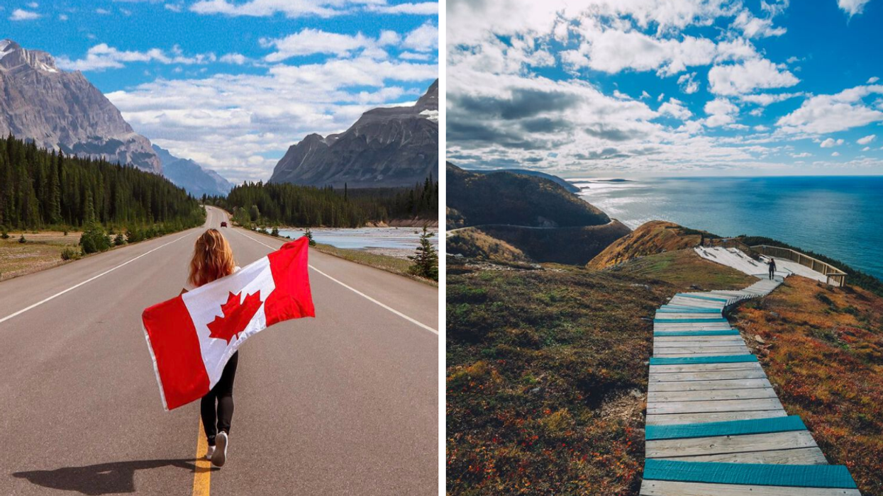 Femme en Alberta avec drapeau du Canada. Droite : île du Cap-Breton.