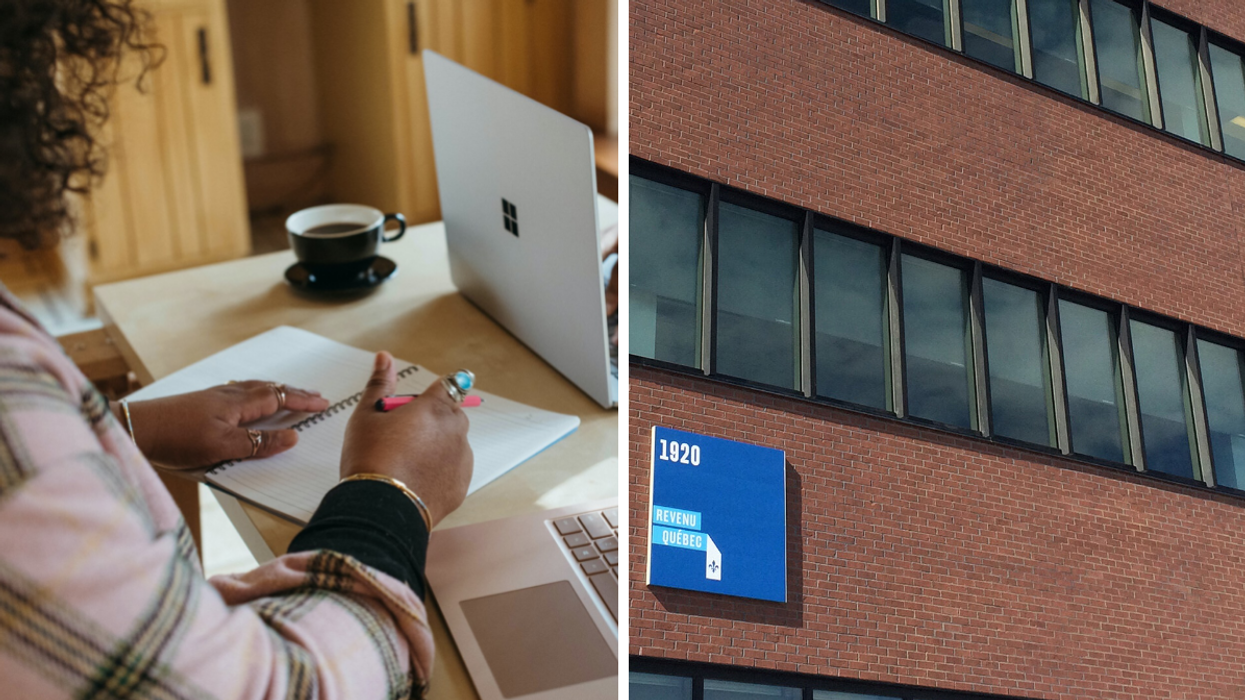 Femme en télétravail. Droite : Édifice de Revenu Québec.