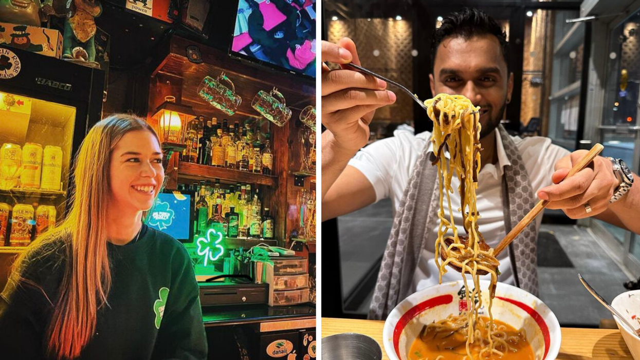 Femme pub irlandais. Droite : Homme avec ramen.