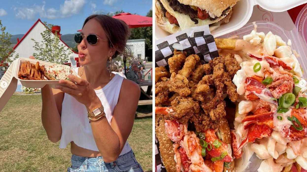 Femme qui tiens un lobster roll et des frites. Droite : L'assiette ultime de Chez Mag.