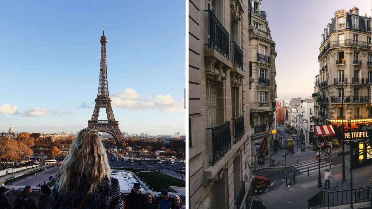 Femme regardant la tour Eiffel. Droite : Quartier de Paris.
