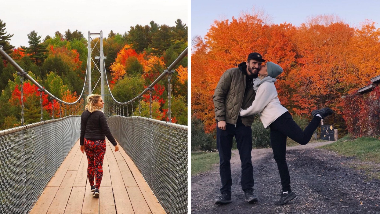 Femme sur un pont. Droite : Couple devant des arbres colorés.