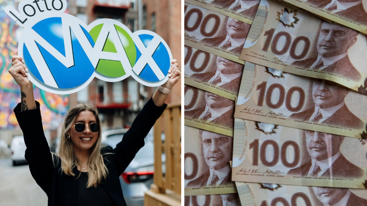 Femme tenant le signe Lotto Max. Droite : Billets de 100 $.