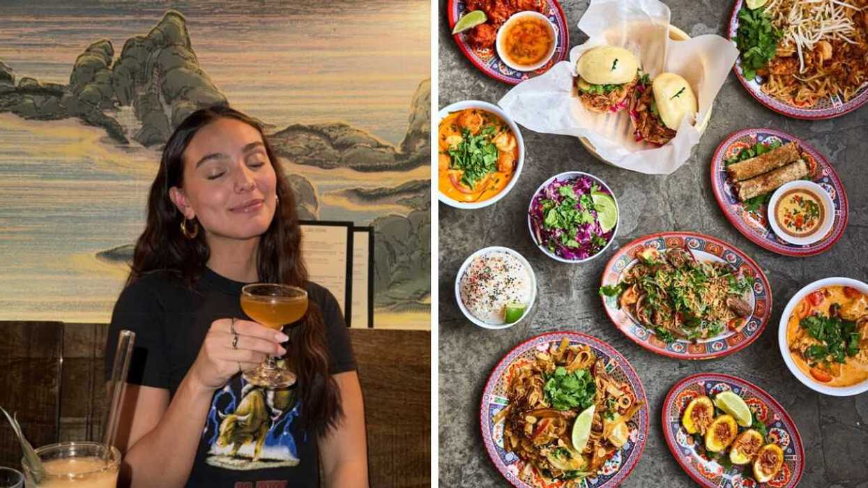 Femme tenant un cocktail au restaurant. Droite : tablée de mets asiatiques.